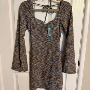 Marled Multi-Color Ribbed Mini Dress with Bell Sleeves